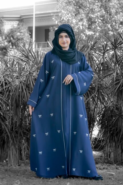 Nida Front Open Abaya for women in Navy Blue Color with Embroidery and Piping