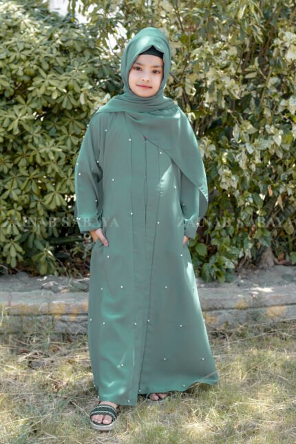 Nida Front Open Abaya for Kids in Grape Color with Pearl Work