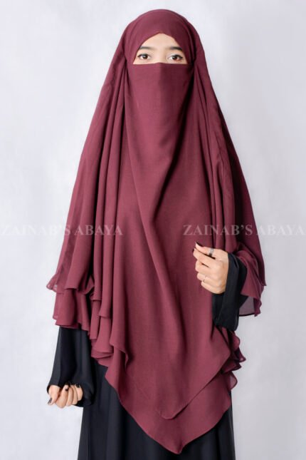 Maroon Colored Khimar Hijab with Dual Layers of Chiffon Fabric