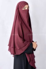 Maroon Colored Khimar Hijab with Dual Layers of Chiffon Fabric.