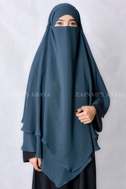 Navy Blue Colored Khimar Hijab with Dual Layers in Chiffon Fabric.