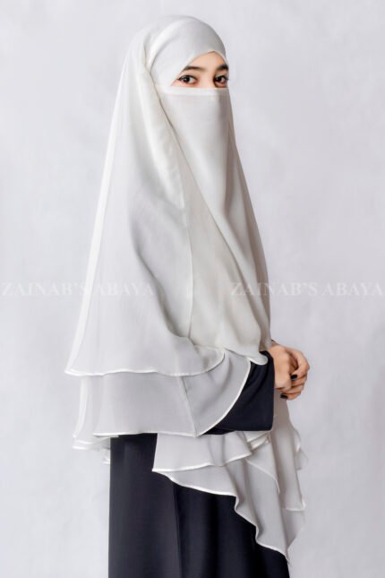White Colored Khimar Hijab with Dual Layer of Chiffon Fabric