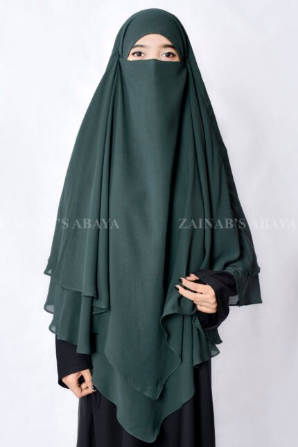 Khimar hijab for women in green color in two layers chiffon fabric.