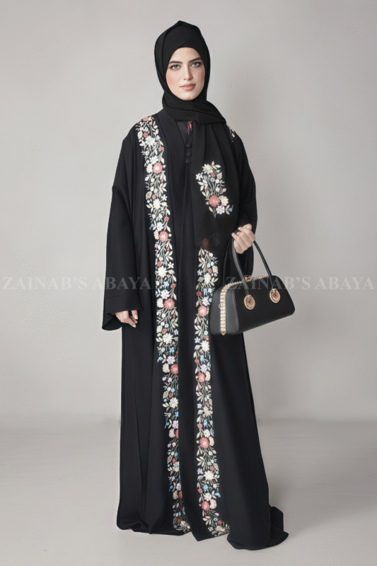 Nida Front Open Abaya with Embroidery and a matching scarf in chiffon fabric