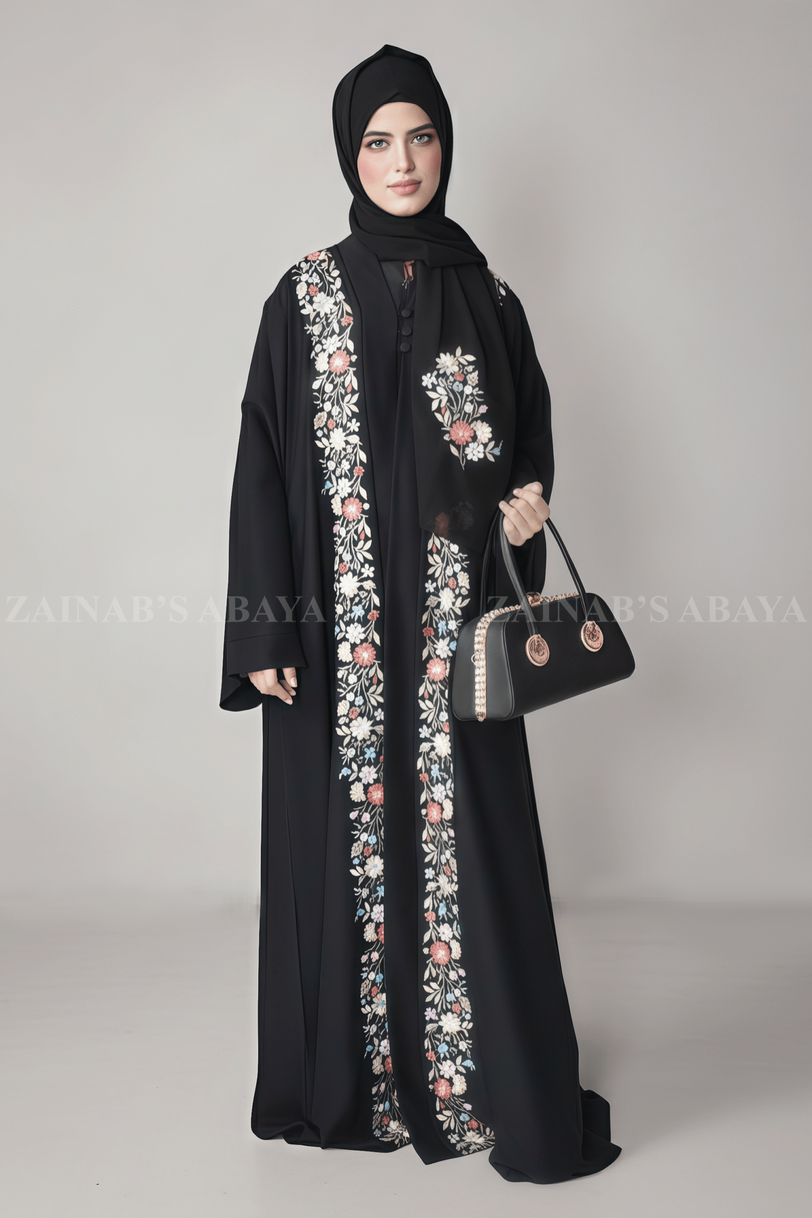 Front Open Abaya - Zainab Designer Abaya Nida Front Open Abaya with Embroidery and a matching scarf in chiffon fabric