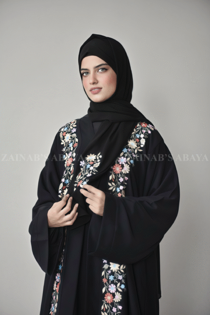 Nida Front Open Abaya with Embroidery and a matching scarf in chiffon fabric.