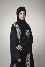 Nida Front Open Abaya for Women in Black Color with Embroidery on Front and motives on the scarf which in chiffon fabric.