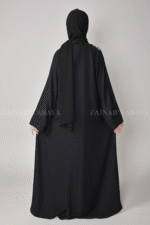 Nida Front Open Abaya for women in Black Color with Embroidery and matching scarf in chiffon fabric.