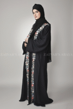 Nida Front Open Abaya for women n Black Color with Embroidery and a matching scarf in chiffon fabric.