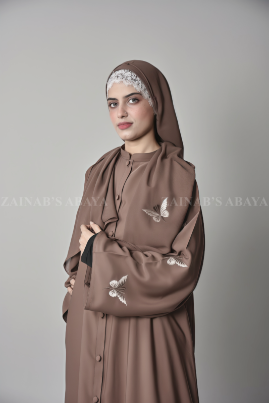 Nida Colored Front Open Abaya for women with Butterfly Style Embroidery on Sleeves and button style on front as well as matching scarf in chiffon fabric.