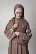 Nida Colored Front Open Abaya for women with Butterfly Style Embroidery on Sleeves and button style on front as well as matching scarf in chiffon fabric.