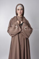 Nida Colored Front Open Abaya for women with Butterfly Style Embroidery on Sleeves and button style on front as well as matching scarf in chiffon fabric.