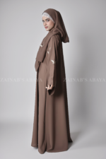 Nida Colored Front Open Abaya for women with Butterfly Style Embroidery on Sleeves and Button Style on Front as well as matching scarf in chiffon fabric.