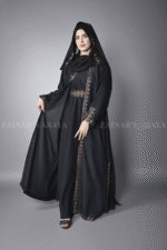 Black Maxi Abaya for Women in Nida With Embroidered Chiffon Top an embroidered belt and a matching scarf in chiffon fabric.