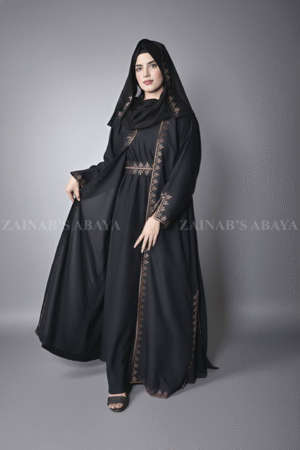 Black Maxi Abaya for Women in Nida With Embroidered Chiffon Top an embroidered belt and a matching scarf in chiffon fabric.