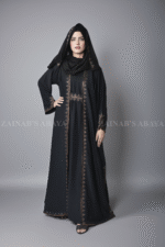 Black Maxi Abaya for Women in Nida Fabric With a embroidered top in chiffon fabric.