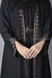 Black Maxi Abaya for women in Nida Korean Fabric with An Embroidered Top in Chiffon Fabric.