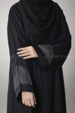 Black Front Open Abaya for women is crafted with Premium Nida Korean Fabric in stone embellishment