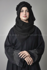 Black Front Open Abaya for women in Pakistan crafted with Premium Nida Korean Fabric and stone embellishment