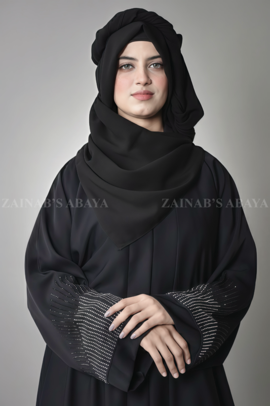 Black Front Open Abaya for women in Pakistan crafted with Premium Nida Korean Fabric and stone embellishment