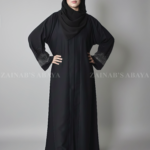 Black Front Open Abaya for women in Pakistan crafted with premium Nida Korean Fabric and stone embellishment on sleeves