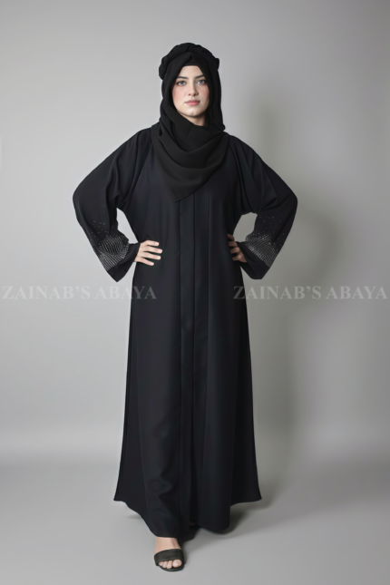 Black Front Open Abaya for women in Pakistan crafted with premium Nida Korean Fabric and stone embellishment on sleeves
