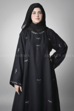 Black Maxi Abaya for Women in Pakistan crafted in Nida Korean Fabric with Bow Style Embroidery and Stone Work