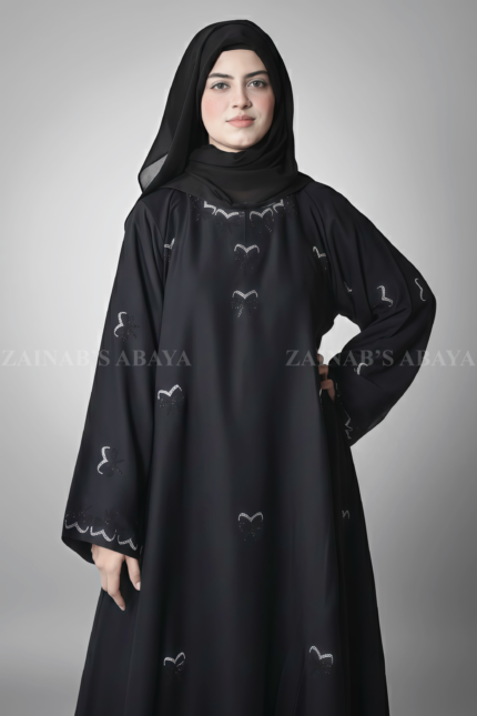 Black Maxi Abaya for Women in Pakistan crafted in Nida Korean Fabric with Bow Style Embroidery and Stone Work
