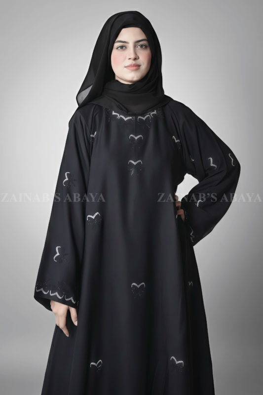 Black Maxi Abaya for Women in Pakistan crafted in Nida Korean Fabric with Bow Style Embroidery and Stone Work
