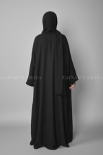 Black Colored Front Open Abaya for women in Pakistan with Embroidery & Stone Work on Front and matching scarf in chiffon fabric.