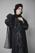 Black Colored Front Open Abaya for women with Embroidery and Stone Work on front as well as matching scarf in chiffon fabric.
