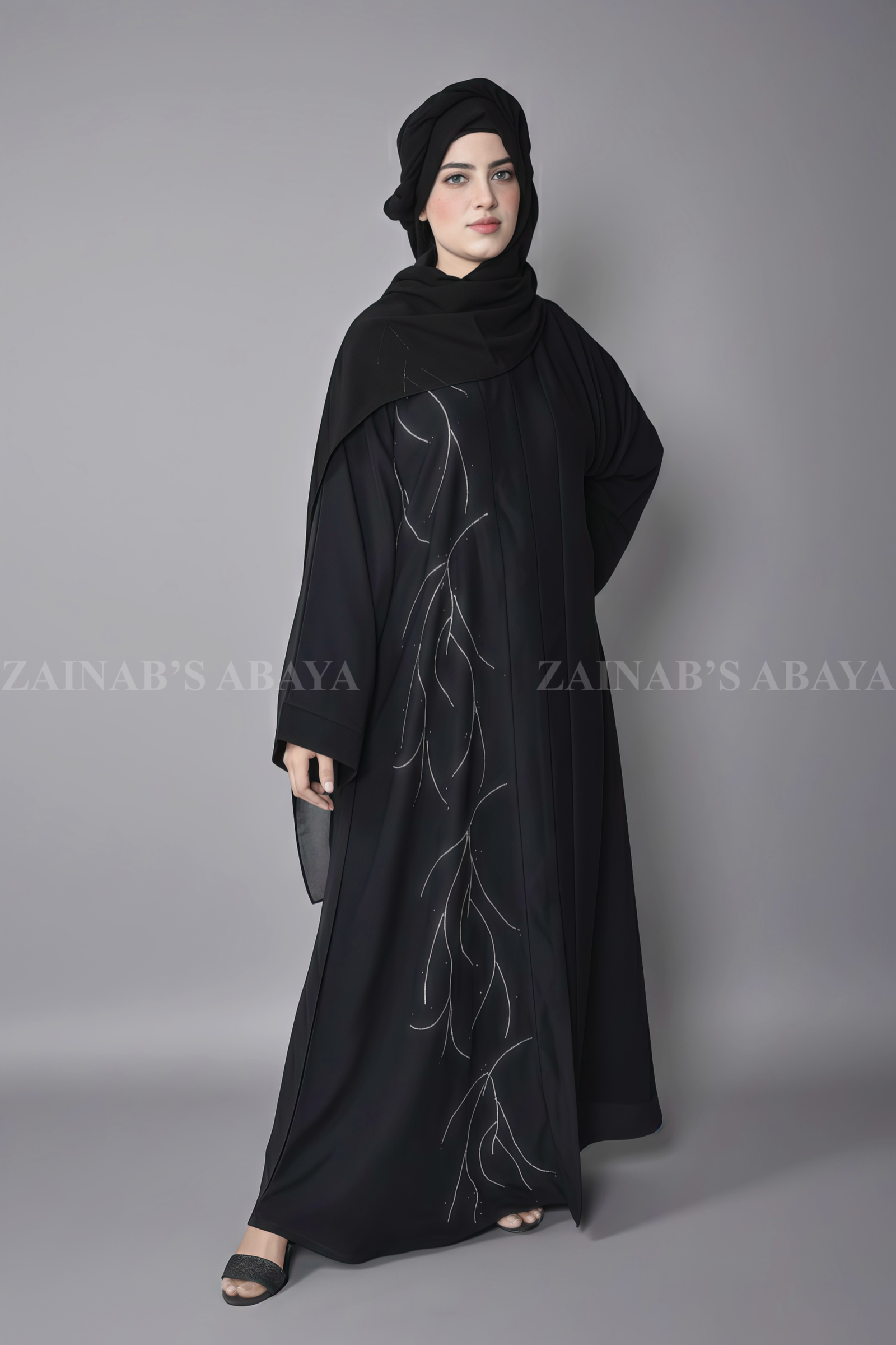 Front Open Abaya - Zainab Designer Abaya Black Colored Front Open Abaya for women with Embroider and Stone Work on Left Side at front as well as matching scarf in chiffon fabric.