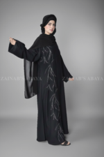 Black Colored Front Open Abaya for women in Pakistan in Nida Korean Fabric with Embroidery and Stone work on Front as well as matching scarf in chiffon fabric
