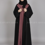 Nida Coat Style Abaya for Women in Black Color with Kasni Colored Inner and a matching scarf in chiffon fabric.