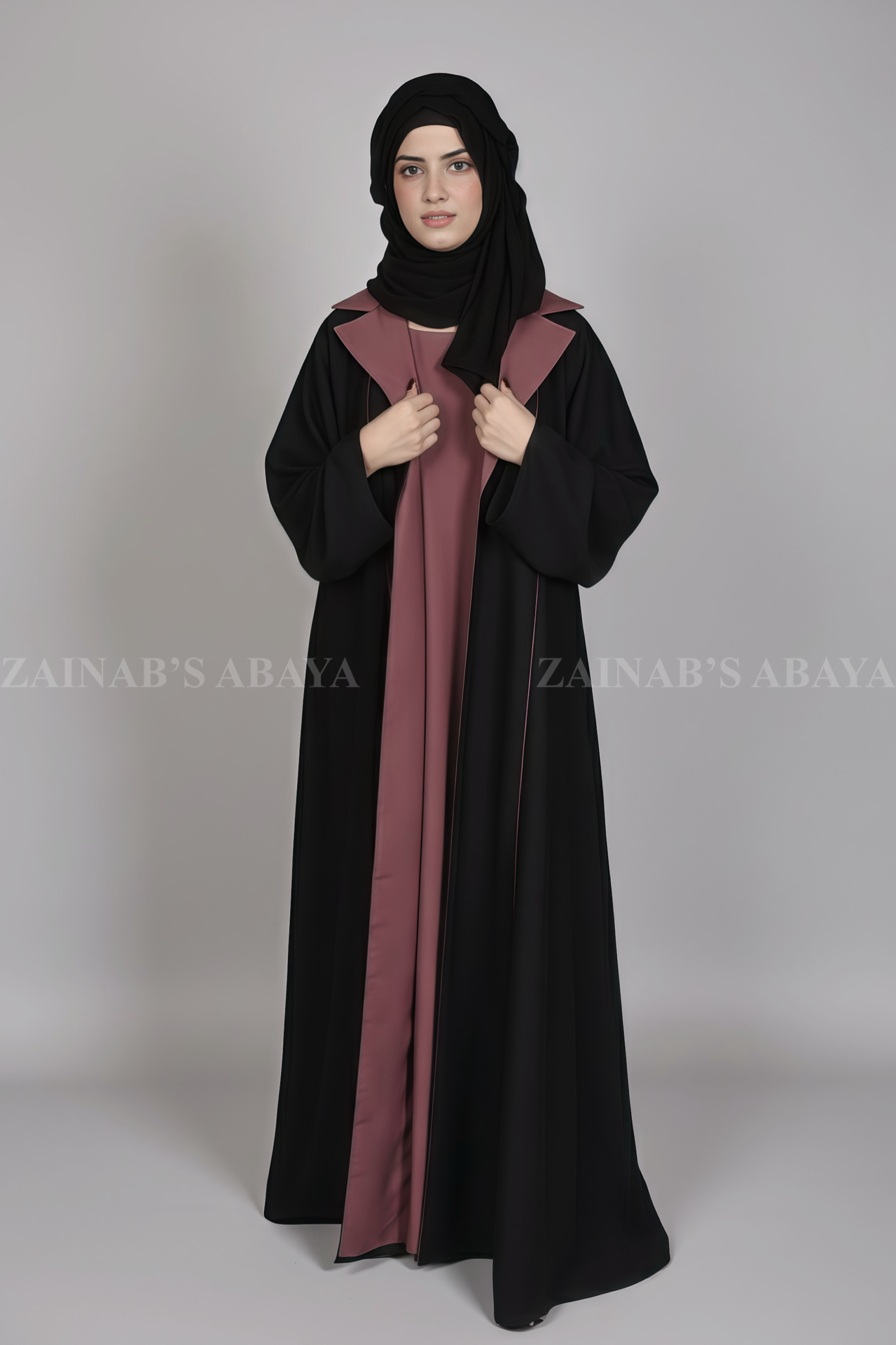 Coat Style Abaya - Zainab Designer Abaya Nida Coat Style Abaya for Women in Black Color with Kasni Colored Inner and a matching scarf in chiffon fabric.