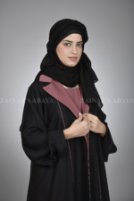 Nida Coat Style Abaya for Women in Black Color with attached inner in Kasni Color and a matching scarf in chiffon fabric.