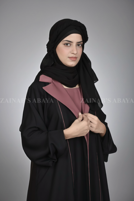 Nida Coat Style Abaya for Women in Black Color with attached inner in Kasni Color and a matching scarf in chiffon fabric.