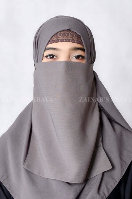 Grey Colored Nose Niqab For Women in Pakistan with Tie Style which is crafted in Premium Chiffon Fabric