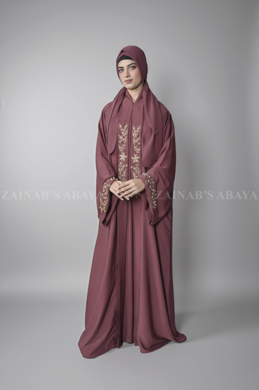 T.Pink Colored Double Front Open Gown Abaya for Women in Nida Korean Fabric with embroidery and pearl work on front and sleeves as well as a matching scarf in chiffon fabric.