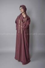 T.Pink Colored Double Front Open Gown Abaya for Women in Nida Korean Fabric with embroidery and pearl work on front and sleeves as well as a matching scarf in chiffon fabric.