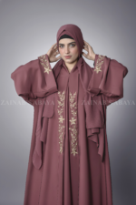 T.Pink Colored Double Front Open Gown Abaya for Women in Nida Korean Fabric with embroidery and pearl work on front and sleeves as well as a matching scarf in chiffon fabric.