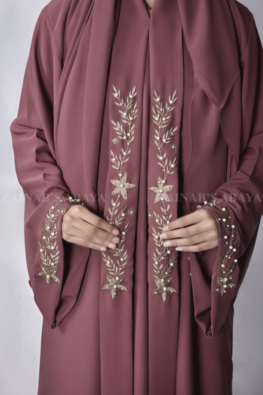 T.Pink Colored Double Front Open Gown Abaya for Women in Nida Korean Fabric with embroidery and pearl work on front and sleeves as well as a matching scarf in chiffon fabric.
