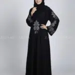 Black Embroidered Umbrella Abaya for Women in Pakistan is crafted with Premium Nida Korean Fabric with a matching scarf in chiffon fabric.
