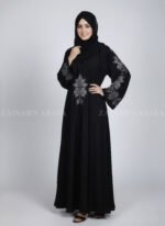 Black Embroidered Umbrella Abaya for Women in Pakistan is crafted with Premium Nida Korean Fabric with a matching scarf in chiffon fabric.