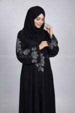 Black Embroidered Umbrella Abaya for Women in Pakistan is crafted with Premium Nida Korean Fabric with a matching scarf in chiffon fabric.