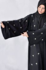 Nida Double Gown Abaya for women in Black Color with Embroidery and a matching scarf in chiffon fabric.