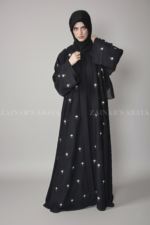 Nida Double Gown Abaya for Women in Black Color with Embroidery as well as a matching scarf in chiffon fabric.