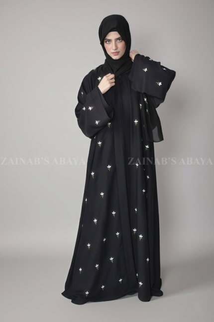 Nida Double Gown Abaya for Women in Black Color with Embroidery as well as a matching scarf in chiffon fabric.