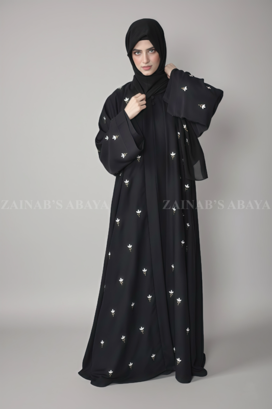 Nida Double Gown Abaya for Women in Black Color with Embroidery as well as a matching scarf in chiffon fabric.