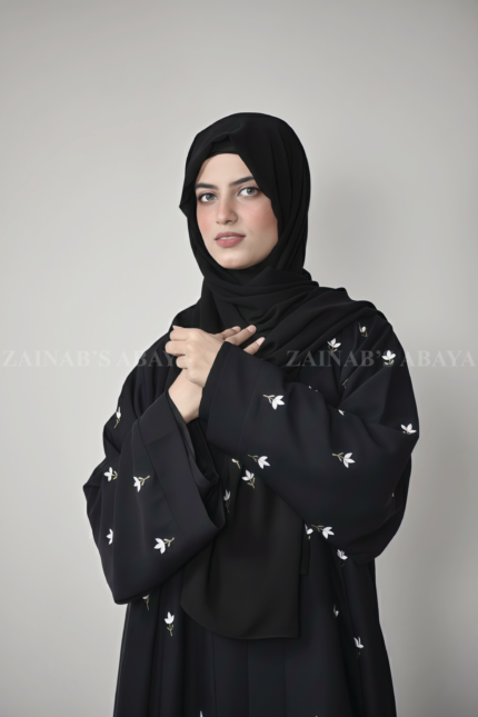 Nida Double Gown Abaya for women in Black Color with Embroidery and a matching scarf in chiffon fabric.